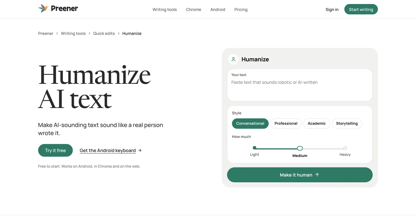 Preener's Humanize writing tool on preener.ai